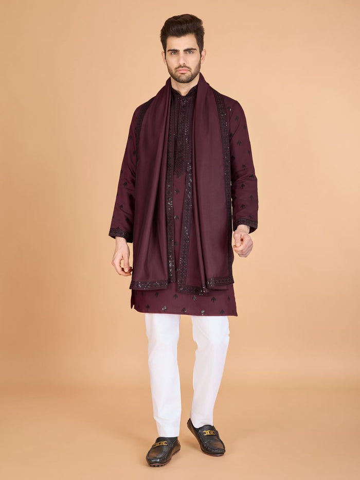 MAROON VISCOSE SILK THREAD, SEQUENCE EMBROIDERED WORK KURTA SET - qivii