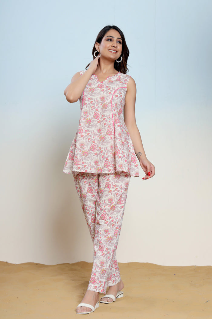 Mary Pink Cotton Hand Block Printed Co- Ord Set
