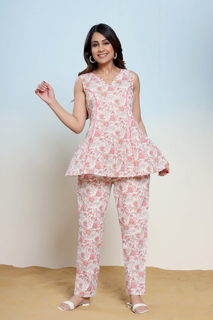 Mary Pink Cotton Hand Block Printed Co- Ord Set