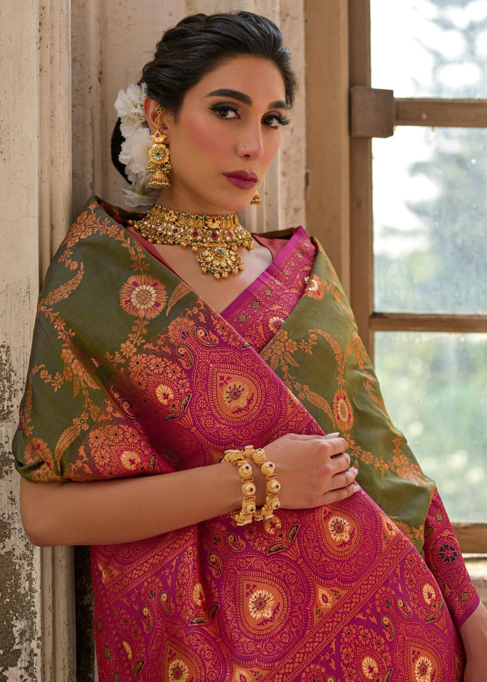 Mehendi Green All Over Flower Printed Zari Woven Banarasi Silk Saree With Contrast Pallu - qivii
