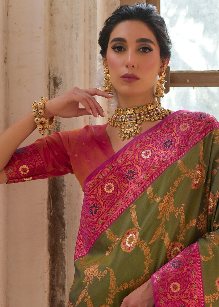 Mehendi Green All Over Flower Printed Zari Woven Banarasi Silk Saree With Contrast Pallu - qivii