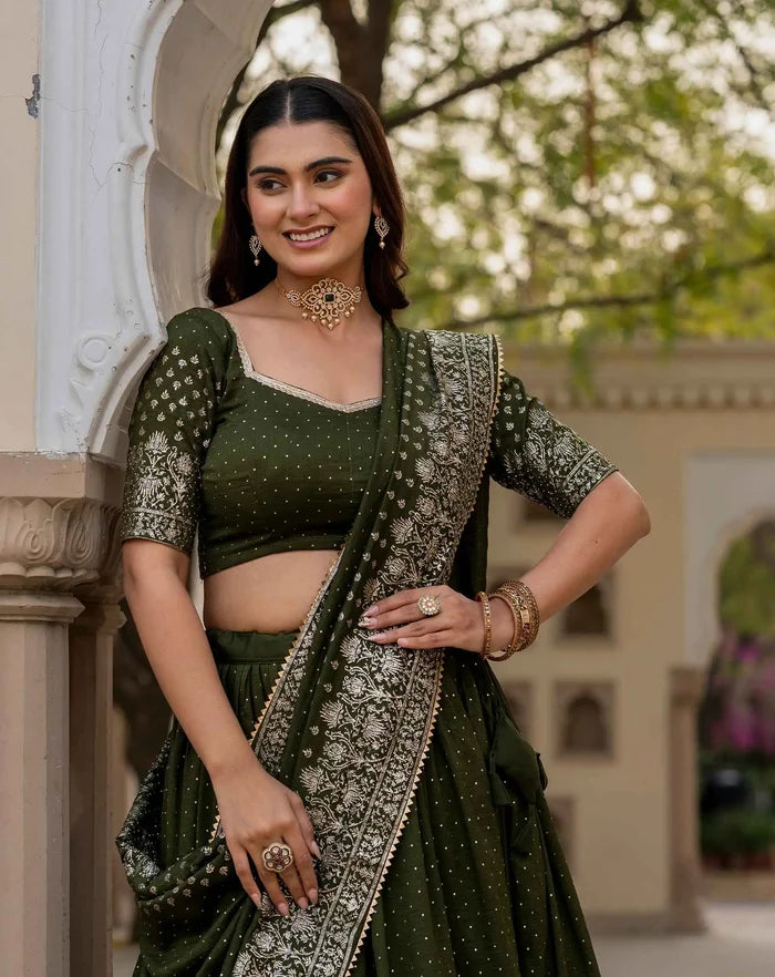 Mehndi Lehenga With Foil Print & Swarovski