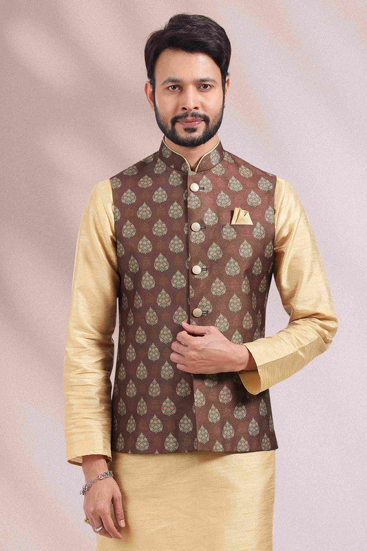 Men's Art Banarasi Silk Printed Work 3 Pics Jacket Set In Brown Colour