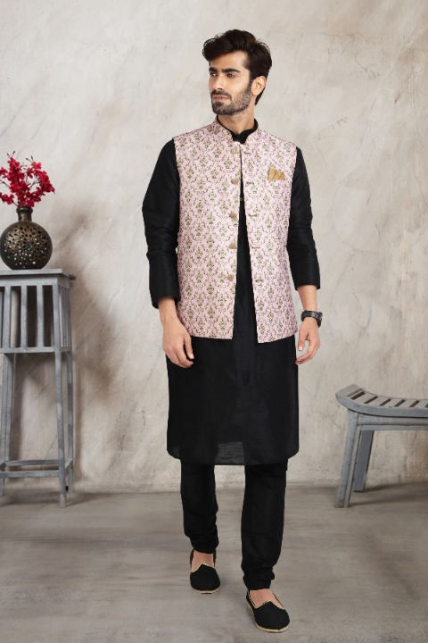 Men's Art Banarasi Silk Printed Work 3 Pics Jacket Set In Light Pink Colour