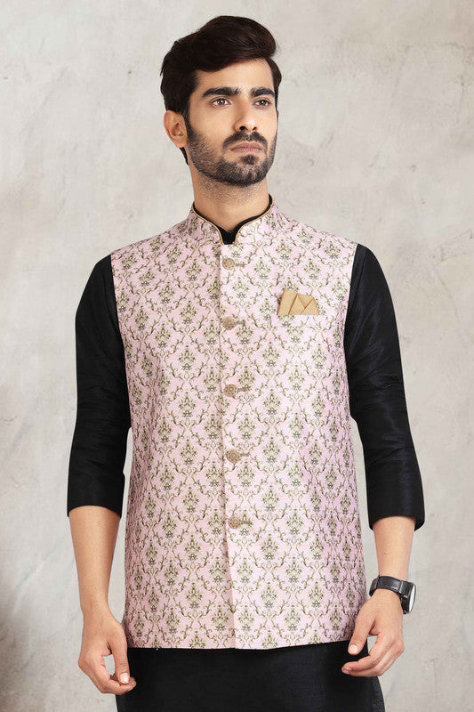 Men's Art Banarasi Silk Printed Work 3 Pics Jacket Set In Light Pink Colour