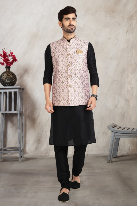 Men's Art Banarasi Silk Printed Work 3 Pics Jacket Set In Light Pink Colour