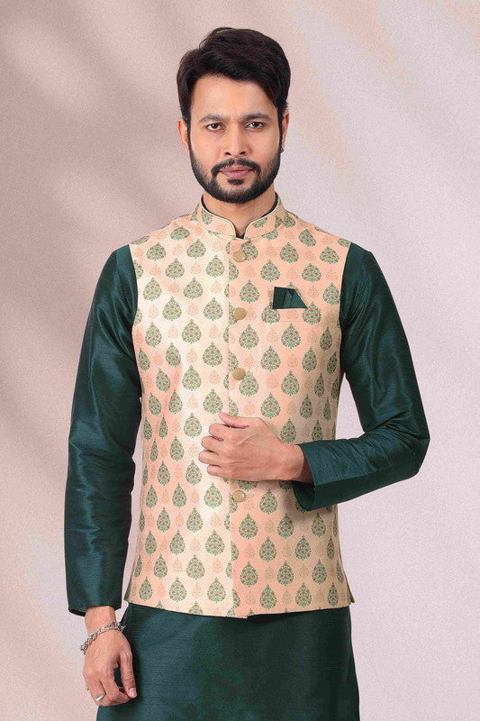 Men's Art Banarasi Silk Printed Work 3 Pics Jacket Set In Peach Colour