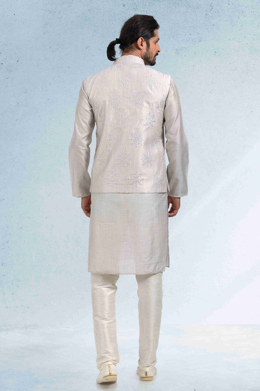 Men's Art Banarasi Silk Thread Work 3 Pics Jacket Set In Grey Colour