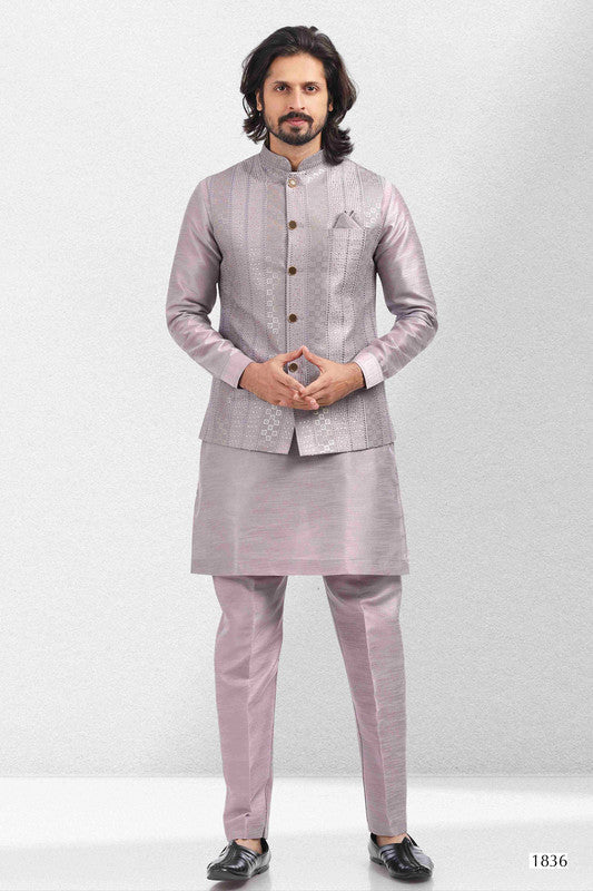 Men's Art Banarasi Silk Thread Work 3 Pics Jacket Set In Light Purple Colour