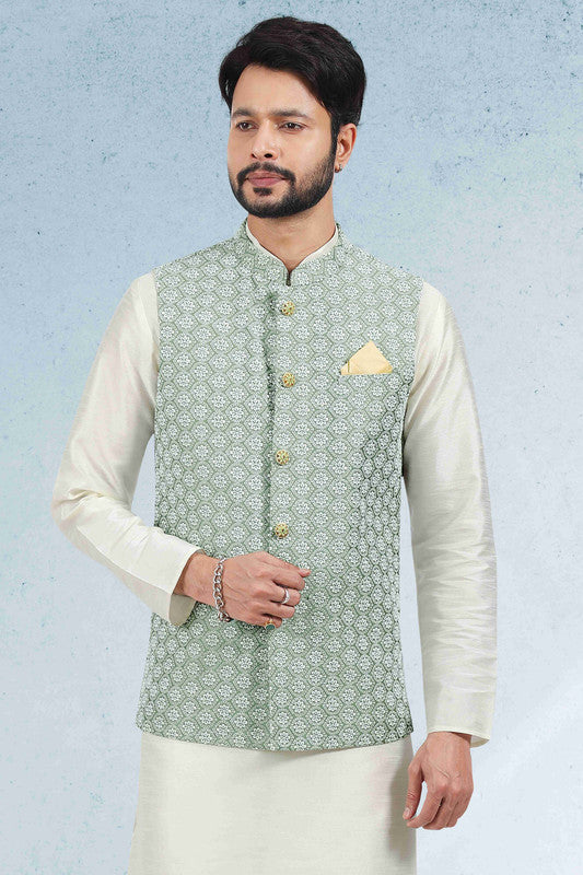 Men's Art Banarasi Silk Thread Work 3 Pics Jacket Set In Mehendi Green Colour