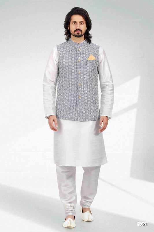 Men's Art Banarasi Silk Thread Work 3 Pics Jacket Set In Purple Light Colour