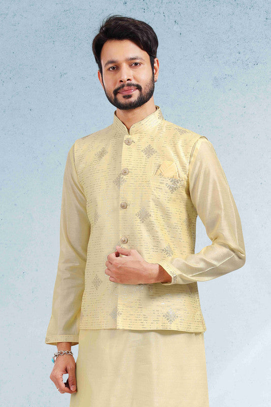 Men's Art Banarasi Silk Thread Work 3 Pics Jacket Set In Yellow Colour