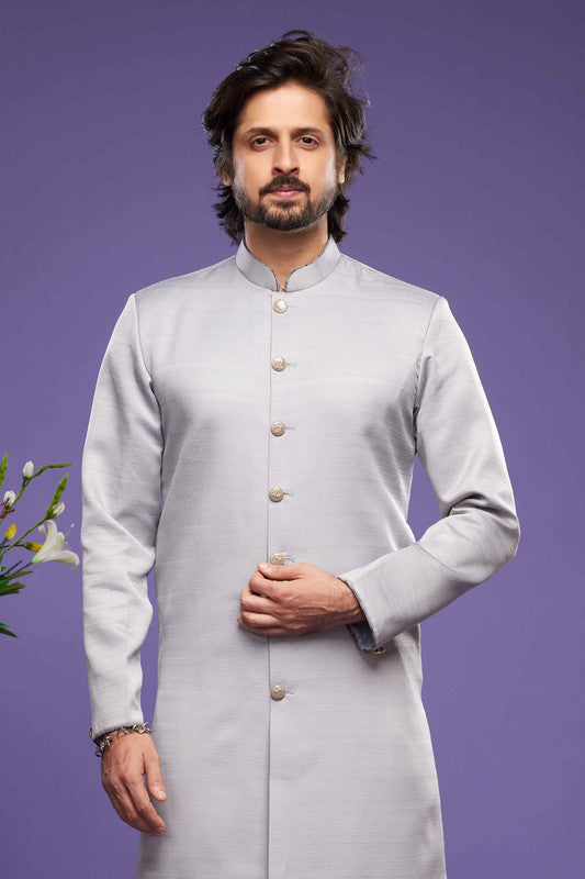 Men's Art Banarasi Silk Thread Work Kurta Pajama In Grey Colour
