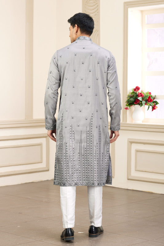 Men's Art Silk Thread Work Kurta Pajama In Grey Colour
