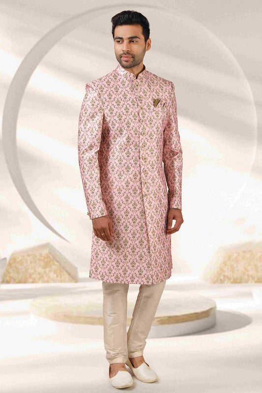 Men's Baby Pink Art Banarasi Digital Printed Sherwani Set