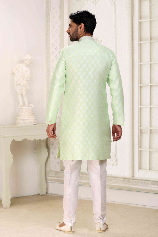 Men's Banarasi Jacquard Embroidery Semi Indo Western Sherwani In Pista Green Colour