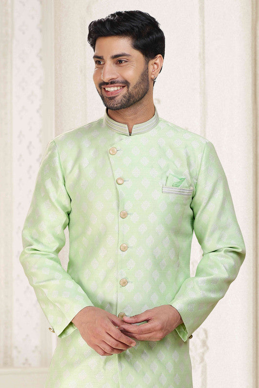 Men's Banarasi Jacquard Embroidery Semi Indo Western Sherwani In Pista Green Colour