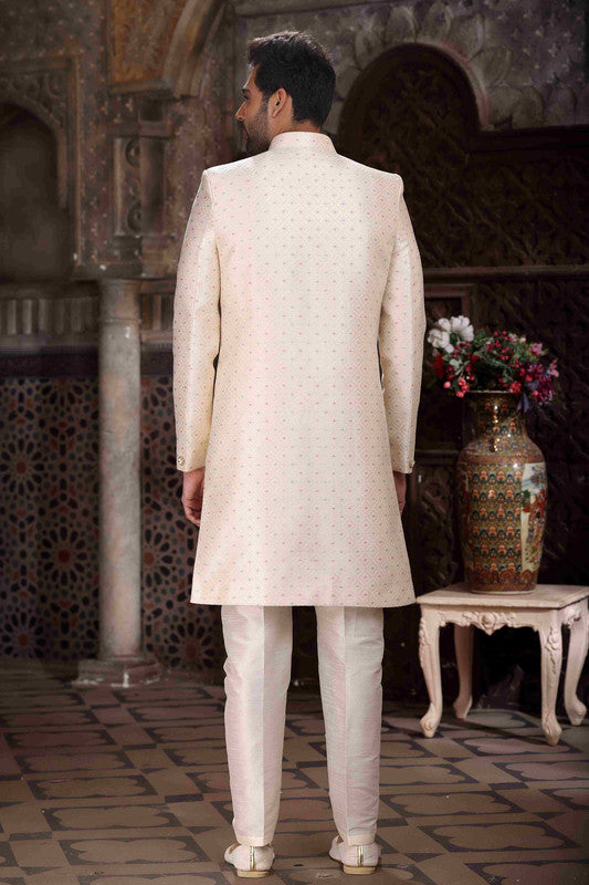 Men's Banarasi Jacquard Woven Work Indo Western Sherwani In Cream Colour