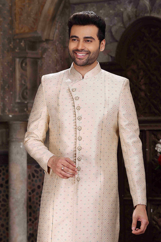 Men's Banarasi Jacquard Woven Work Indo Western Sherwani In Cream Colour