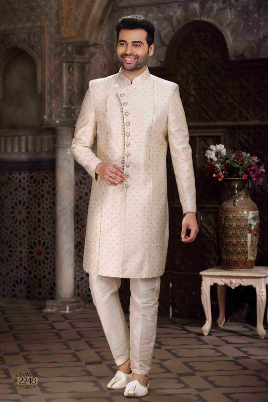Men's Banarasi Jacquard Woven Work Indo Western Sherwani In Cream Colour