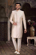 Men's Banarasi Jacquard Woven Work Indo Western Sherwani In Cream Colour