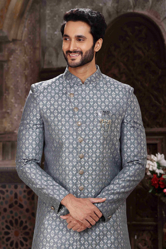 Men's Banarasi Jacquard Woven Work Indo Western Sherwani In Grey Colour