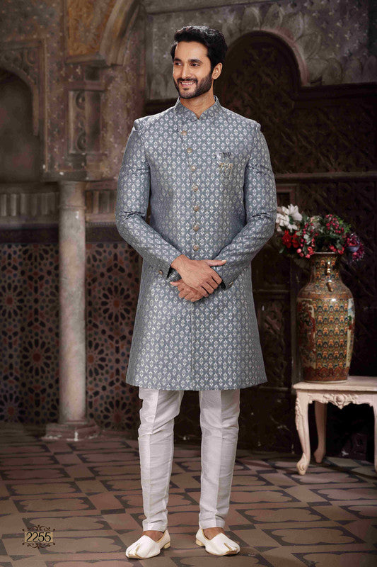 Men's Banarasi Jacquard Woven Work Indo Western Sherwani In Grey Colour