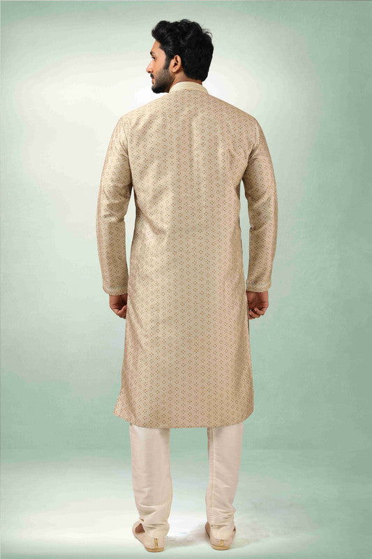 Men's Beige Art Silk Printed Work Kurta Pajama Set