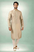 Men's Beige Art Silk Printed Work Kurta Pajama Set