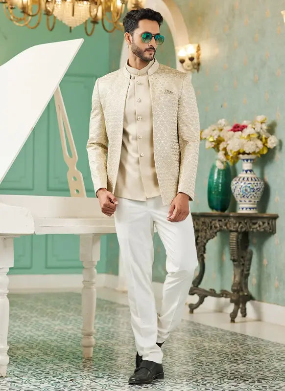 Men's Beige Art Silk Thread Work Jodhpuri Jacket