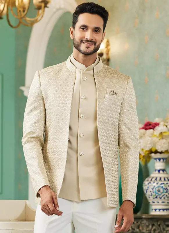 Men's Beige Art Silk Thread Work Jodhpuri Jacket