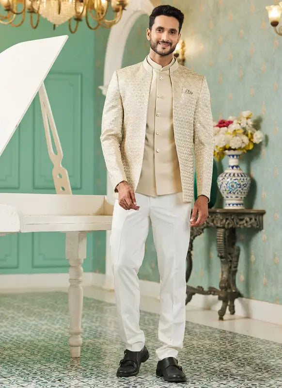 Men's Beige Art Silk Thread Work Jodhpuri Jacket
