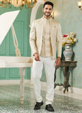 Men's Beige Art Silk Thread Work Jodhpuri Jacket