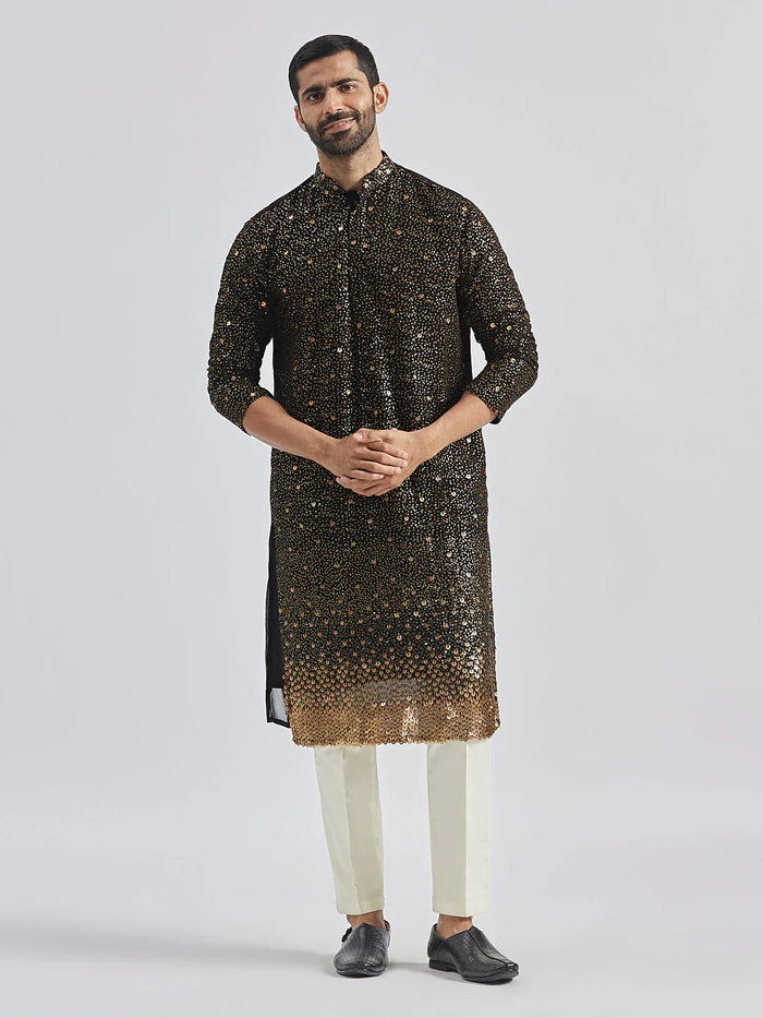 Men's Black And Cream Georgette Kurta Pyjama Set