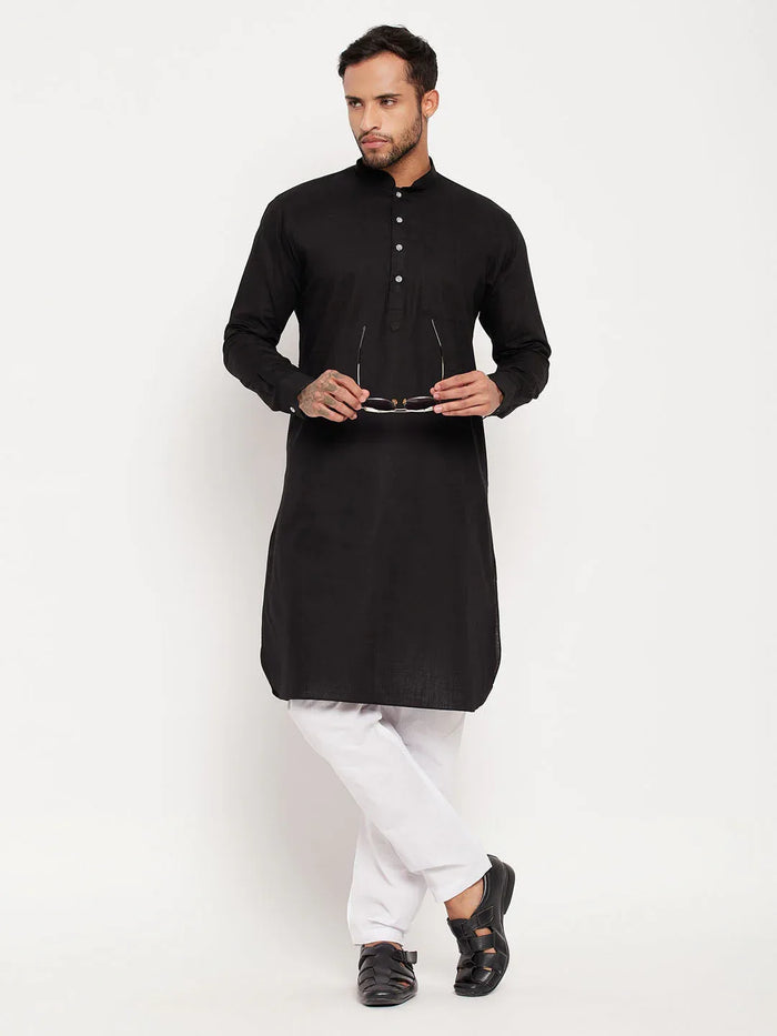 Men's Black And White Cotton Blend Pathani Suit Set