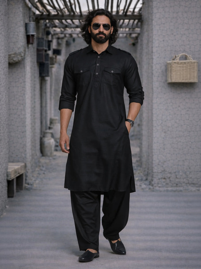 Men's Black Cotton Blend Pathani Suit Set