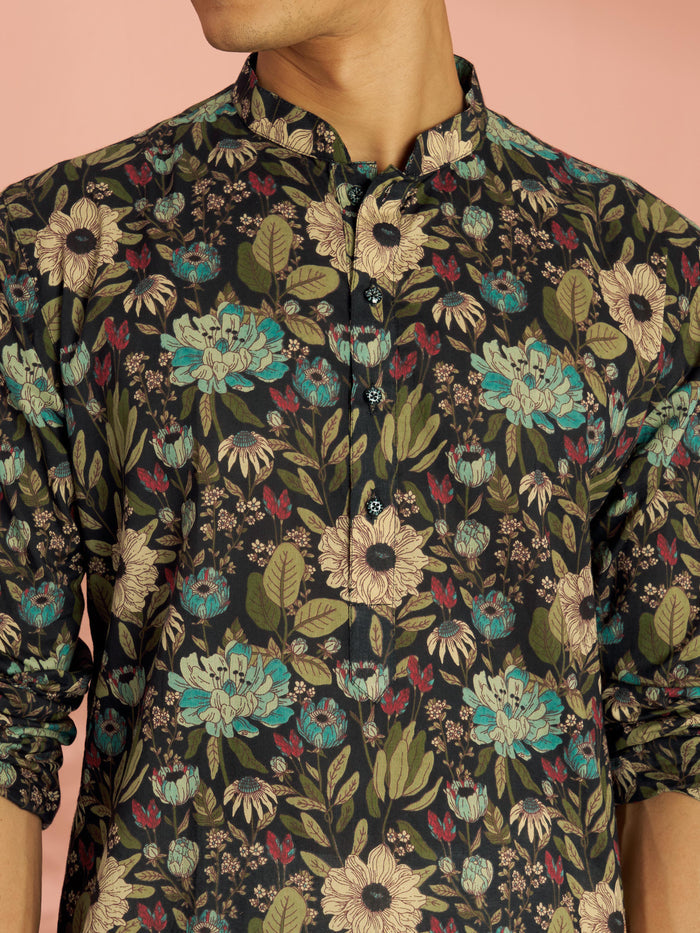 Men's Black Cotton Floral Printed Mid-Length Kurta