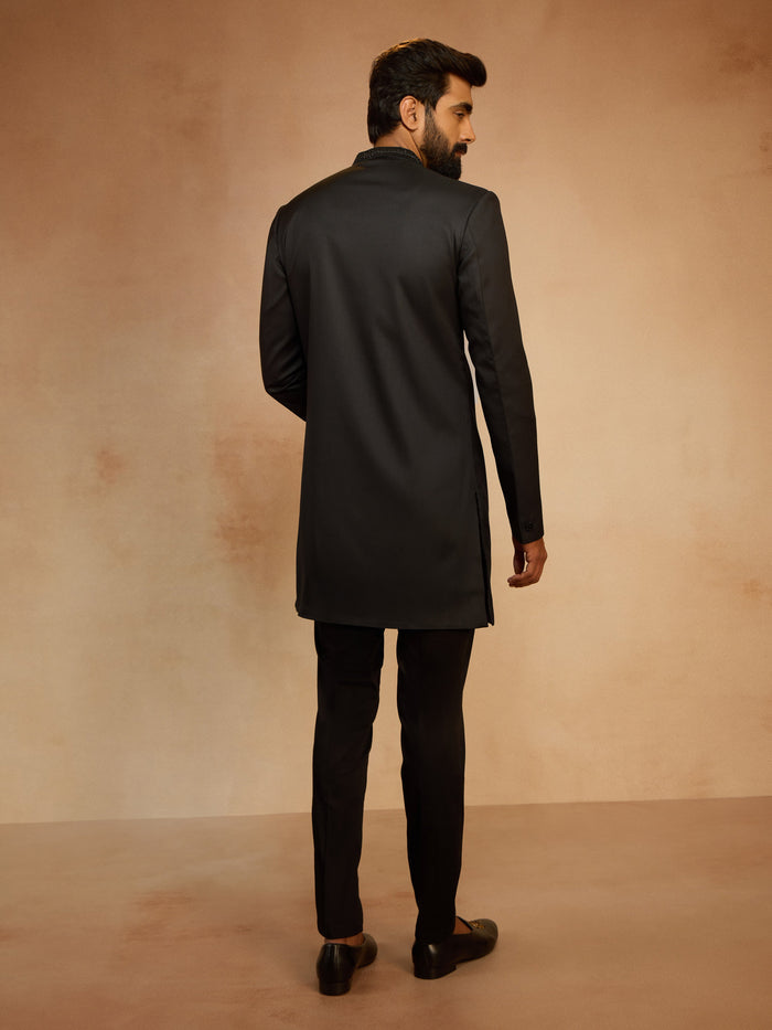 Men's Black Cutdana Sequin Embroidered Indo-Western Kurta with Pant Style Pyjama Set