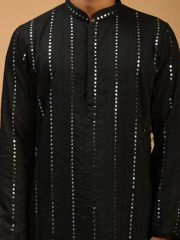 Men's Black Mirror Kurta Dhoti Set