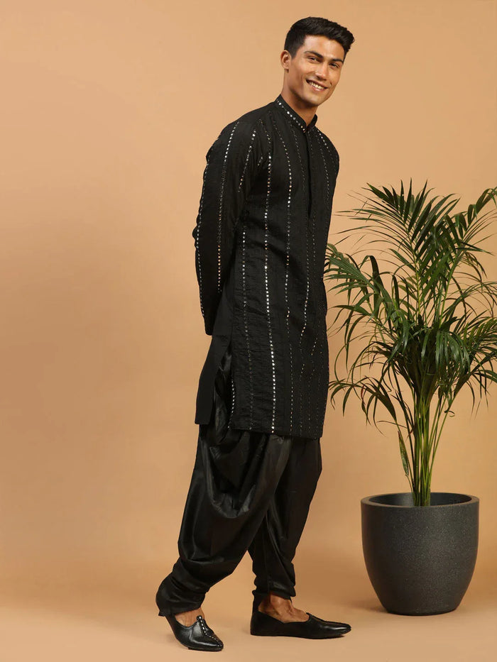 Men's Black Mirror Kurta Dhoti Set