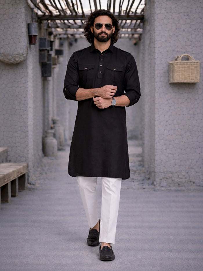 Men's Black Pathani Suit With White Pant Set