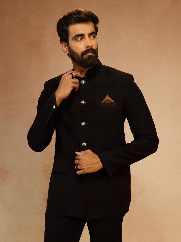 Men's Black Solid Imported Suiting Jodhpuri Suit