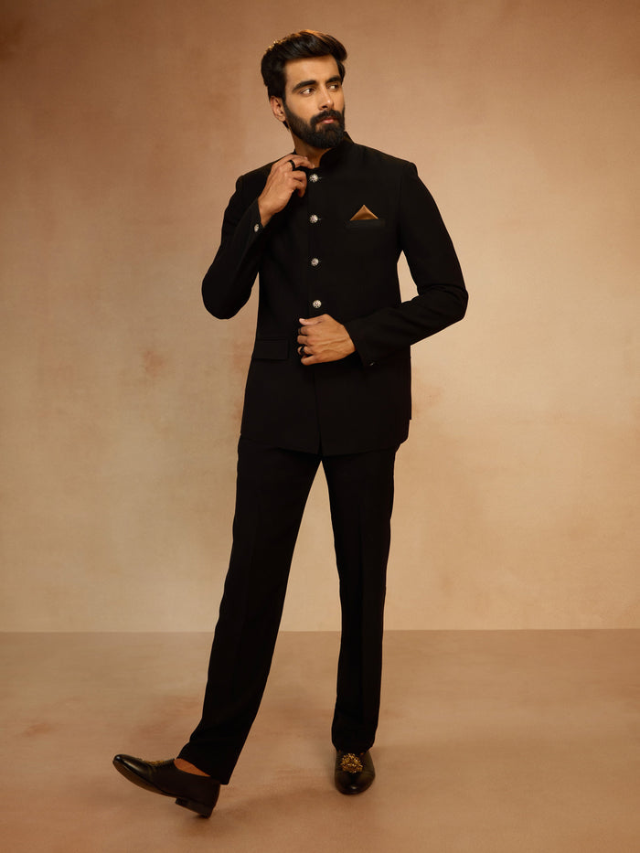 Men's Black Solid Imported Suiting Jodhpuri Suit