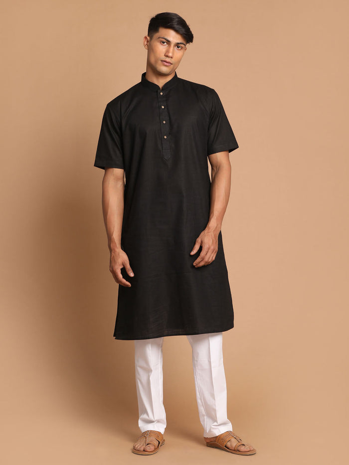 Men's Black Solid Kurta With White Pant Style Cotton Pyjama Set
