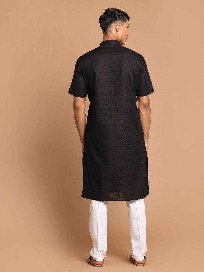 Men's Black Solid Kurta With White Pant Style Cotton Pyjama Set