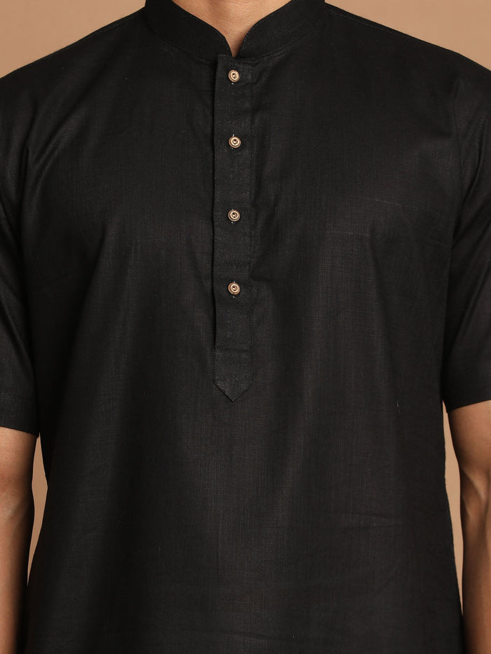 Men's Black Solid Kurta With White Pant Style Cotton Pyjama Set