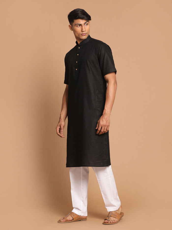 Men's Black Solid Kurta With White Pant Style Cotton Pyjama Set