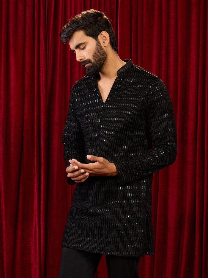 Men's Black Velvet Geometric Thread Sequin Embroidered Long Kurta