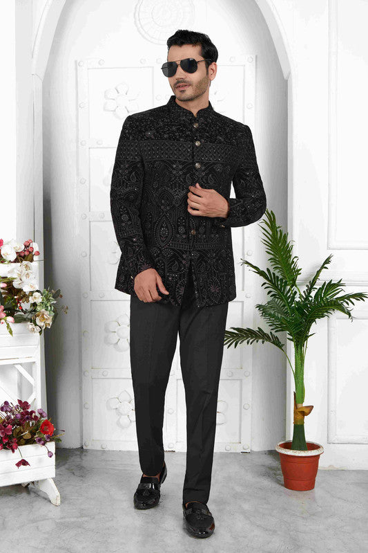 Men's Black Velvet Thread Work Jodhpuri Jacket