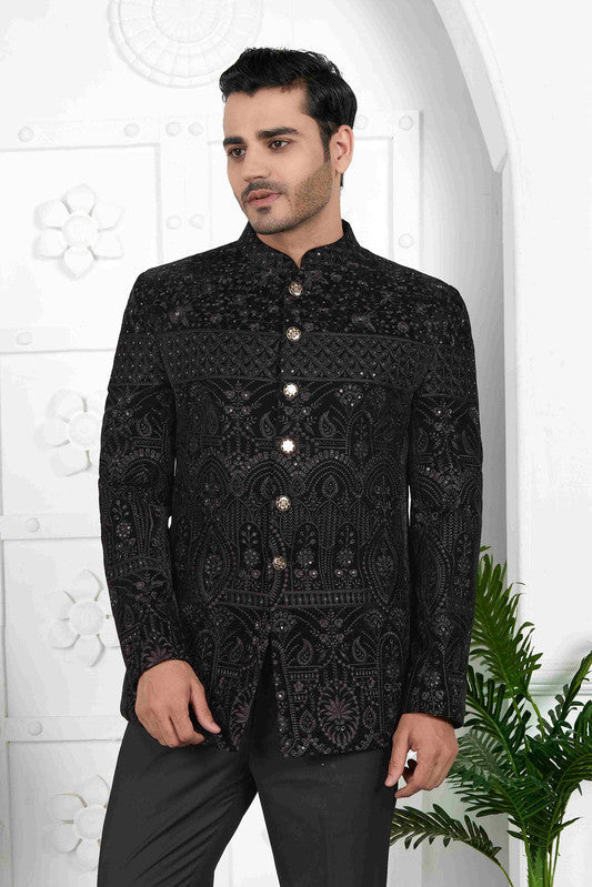 Men's Black Velvet Thread Work Jodhpuri Jacket
